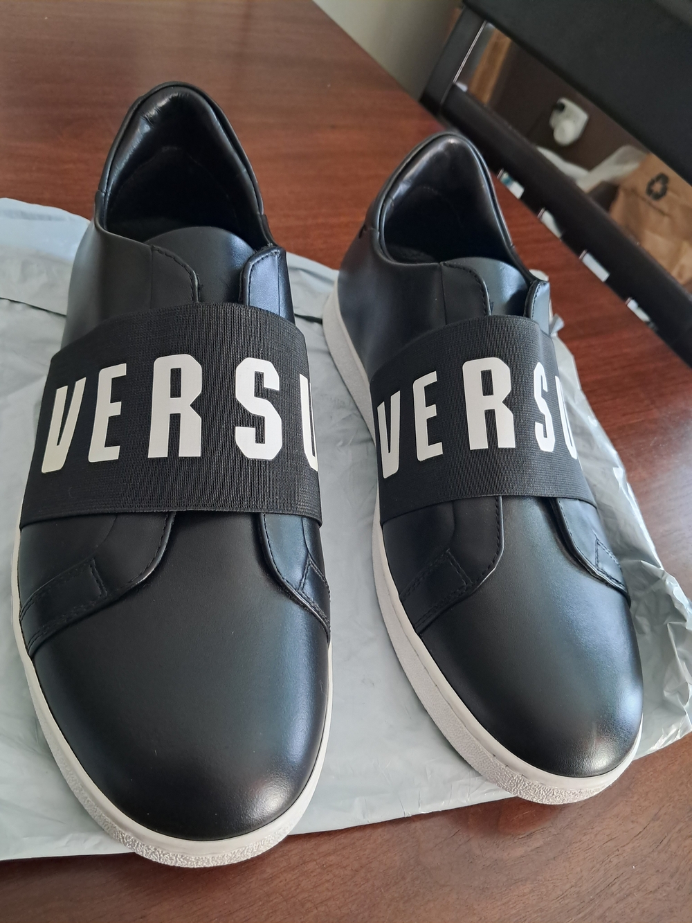 Versus Versace Black Leather Slip-On Sneakers with White Logo Strap. COA incl. - Picture 3 of 11